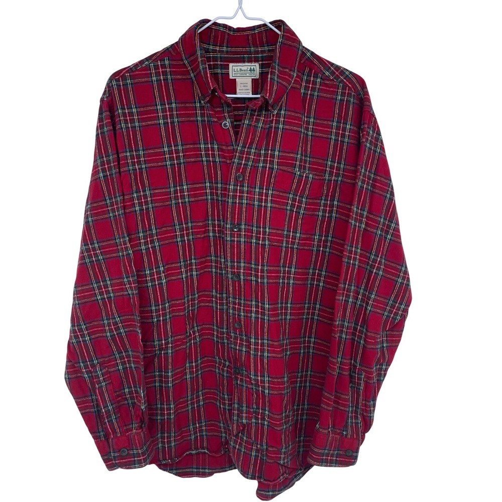 LL Bean Red and Green Plaid Flannel Shirt Large Button Down ItemID 228061